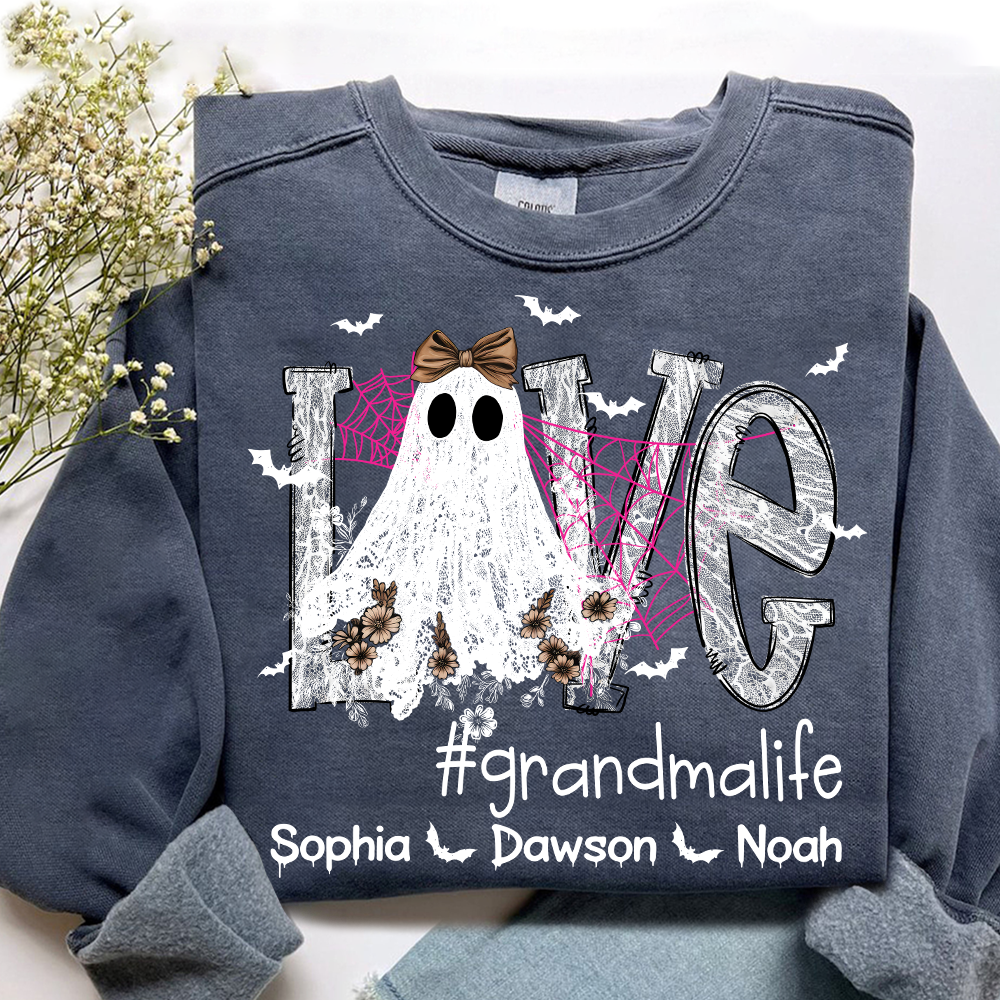 Personalized Mimi Life Halloween Sweatshirt, Custom Love Ghost Shirt with Kids Names