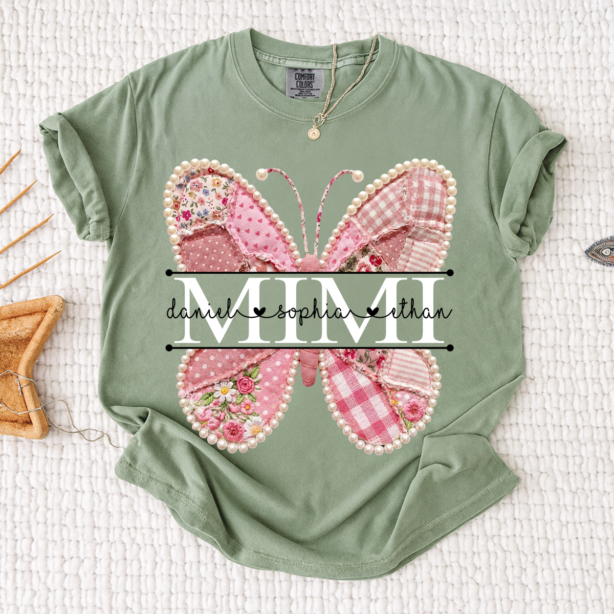 Comfort Personalized Mimi Shirt with Grandkids Names, Pink Butterfly Patchwork Design Family Tee