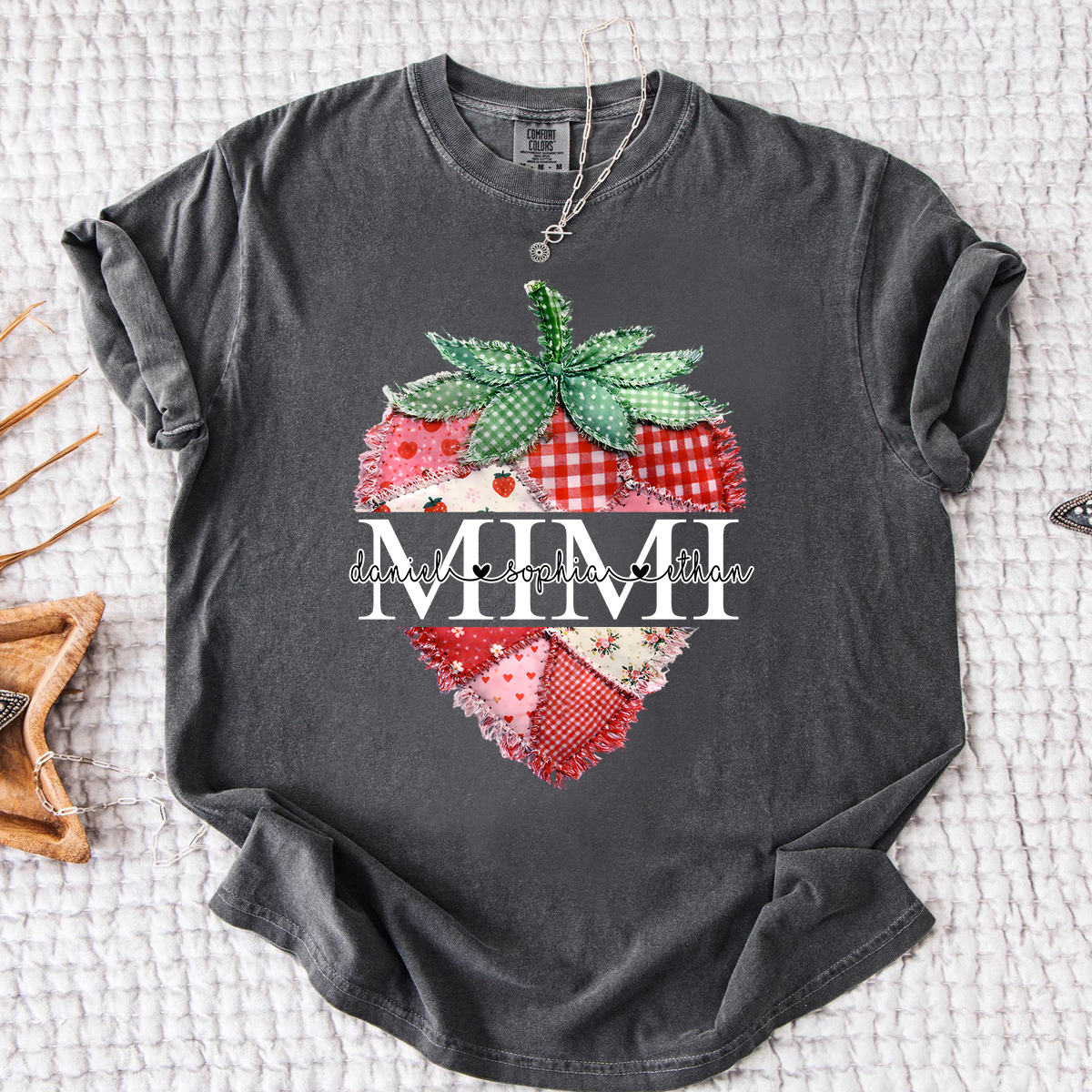 Comfort Colors Custom Mimi Strawberry Patchwork Tee, Personalized Grandma Shirt with Grandchildren Names, Birthday Christmas Family Gift