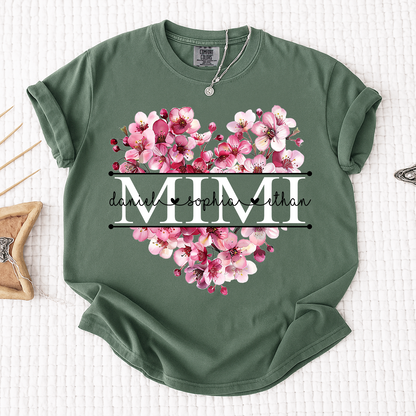 Comfort Mimi Floral Heart Shirt, Custom Family Names Pink Flower Design T Shirt