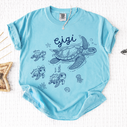 Comfort Colors® Custom Gigi Shirt Featuring Turtle Mom and Baby Names, Unique Grandma Gift Shirt for Women