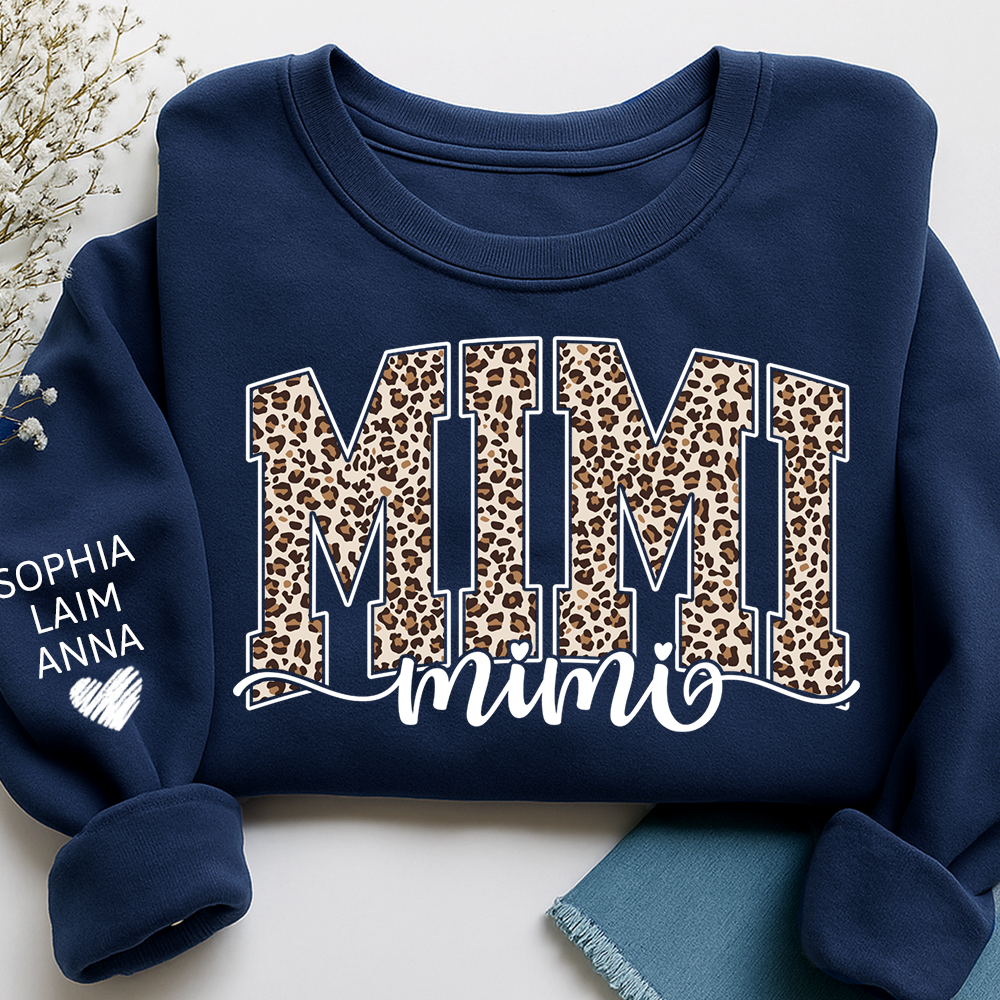 Personalized Mimi Leopard Print Sweatshirt, Custom Grandkids’ Names on Sleeve, Heart Detail