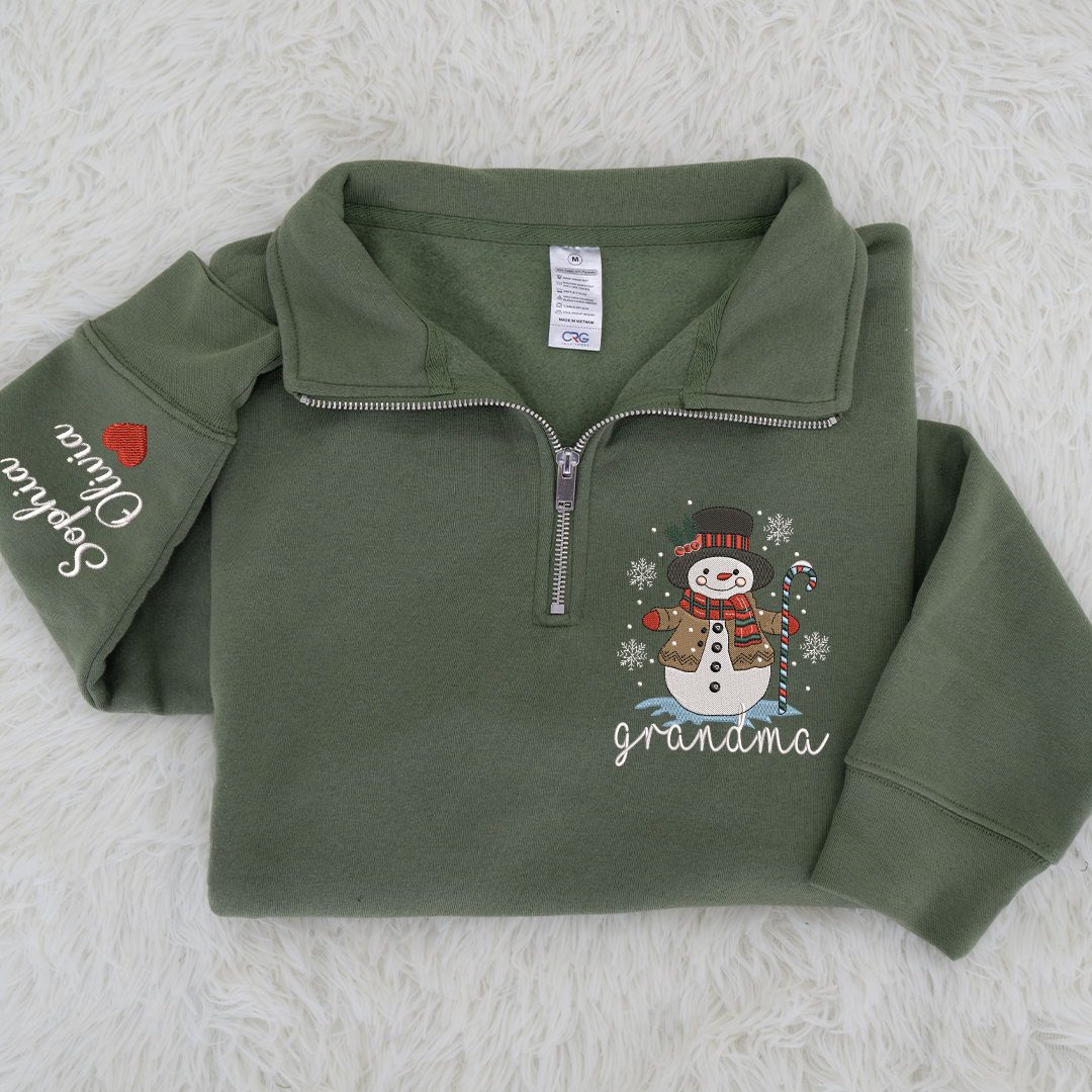 Personalized Grandma Christmas Quarter Zip, Custom Embroidered Snowman Sweater