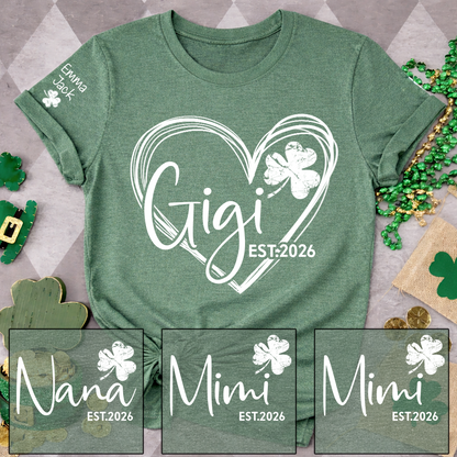 Cute Green T-Shirt With Gigi Shamrock Heart Print For St. Patrick's Day, With Your Grandchildren's Names