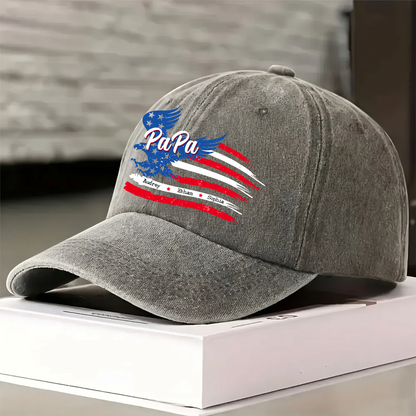 Personalized PaPa American Flag Hat for Grandpa, Custom Kids Names Patriotic Eagle Cap, Fathers Day Gift for Papa Grandfather Birthday Present for Men