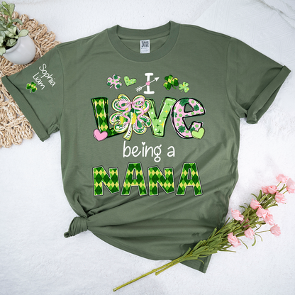Personalized Patrick’s Day Nana Shirt, I Love Being a Nana Shamrock Design, Custom Grandma Shirt with Kids Names