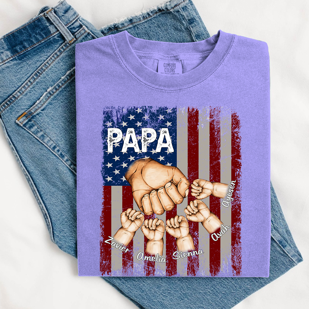 Comfort Colors® Custom Papa And Kids Fist Bump American Flag T-Shirt