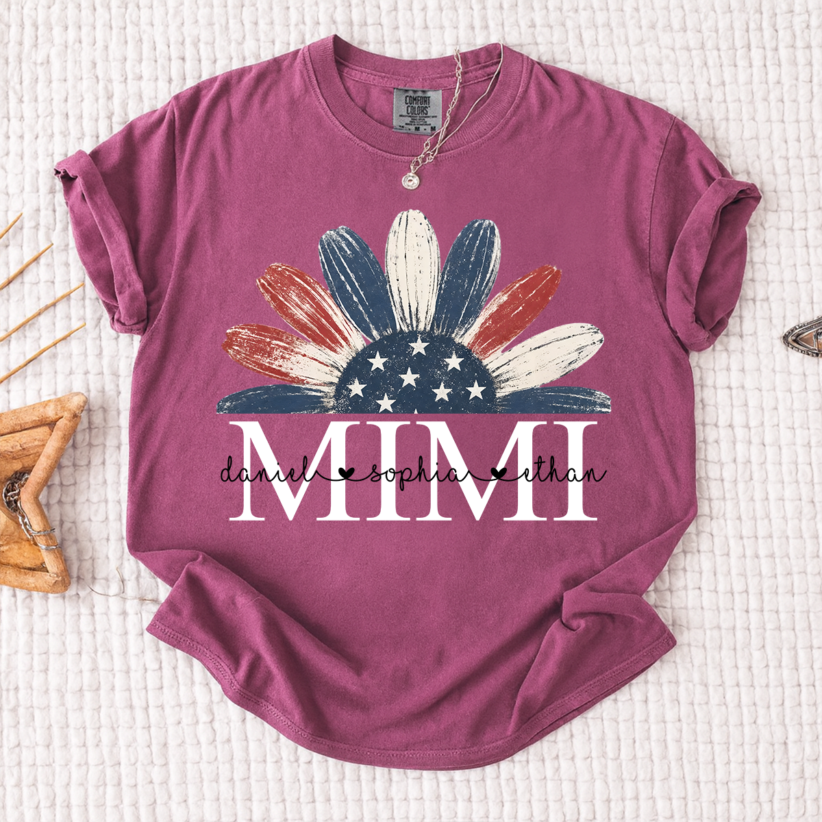 Comfort Colors Floral Mimi T Shirt, Custom Name Design with American Flag, Personalized Grandma Gift, Patriotic 4th of July Shirt
