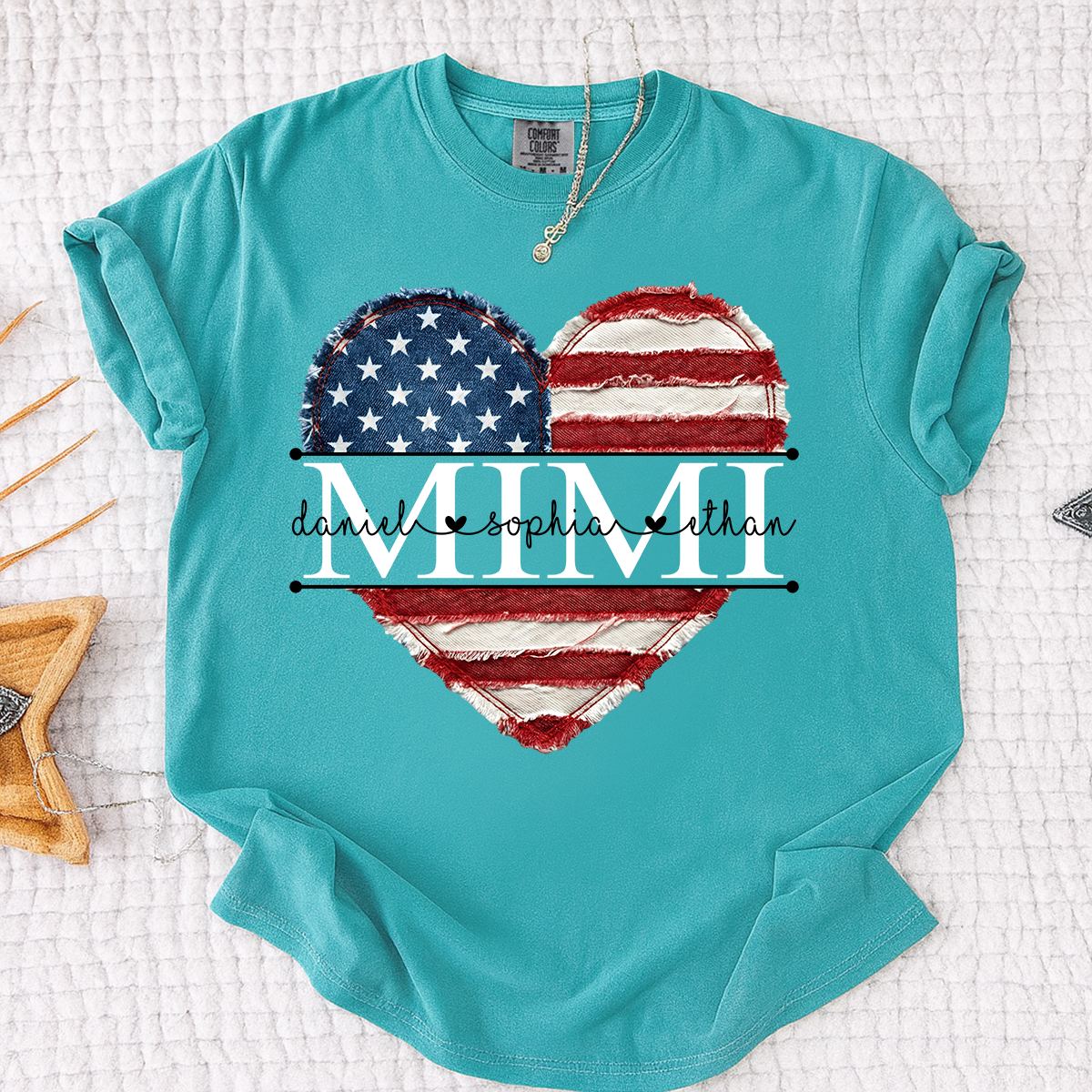 Comfort Colors Mimi Shirt with USA Flag Heart, Personalized with Kids Names, Custom Grandmother T Shirt, Ideal for Mother's Day, Patriotic Gift