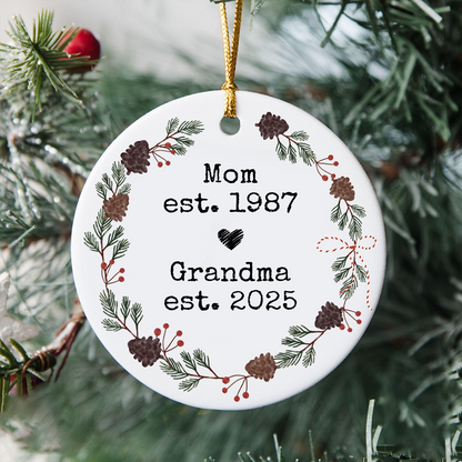 Personalized Mom And Grandma Ornament, Custom Established Year Christmas Wreath Decoration 2025
