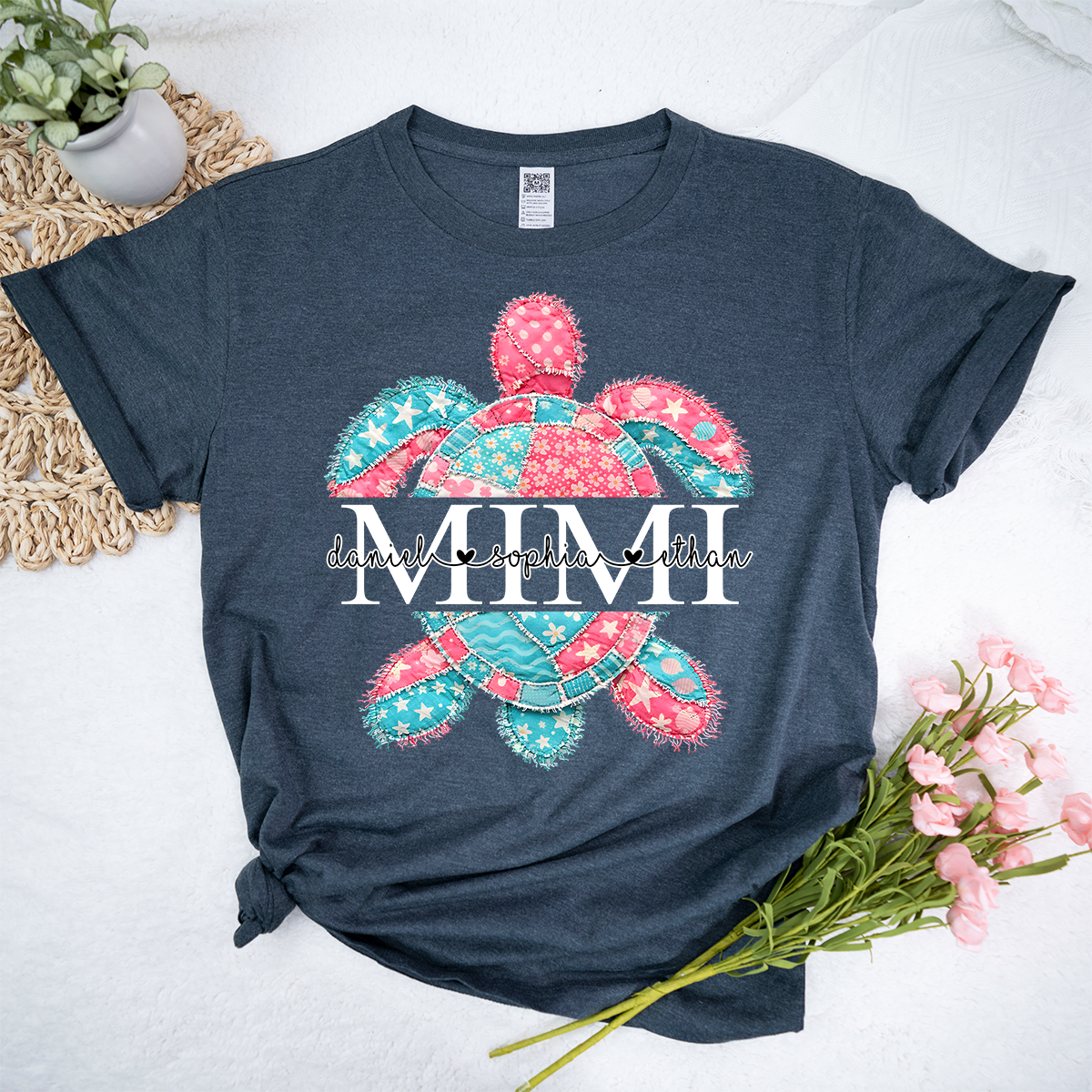 Custom Mimi T Shirt with Grandchildren Names, Colorful Patchwork Sea Turtle Graphic Tee, Beach Lover Gift for Women