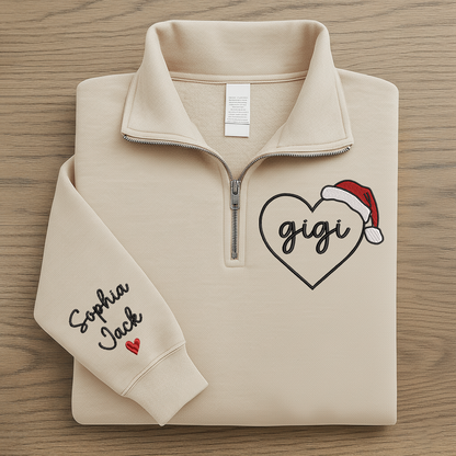 Custom Gigi Heart Zip Sweatshirt With Santa Hat – Personalized Christmas Gift For Grandma Or Gigi