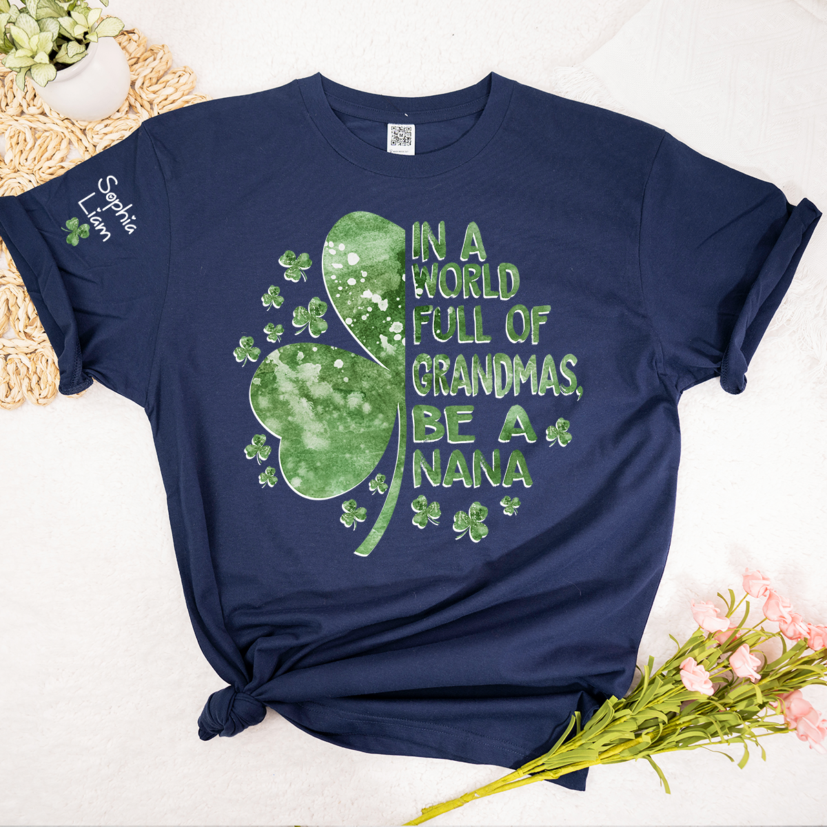 In A World Full Of Grandmas Be A Nana Shirt, St Patrick’s Day Nana Shirt With Shamrock, Personalized Grandma Shirt With Kids Names