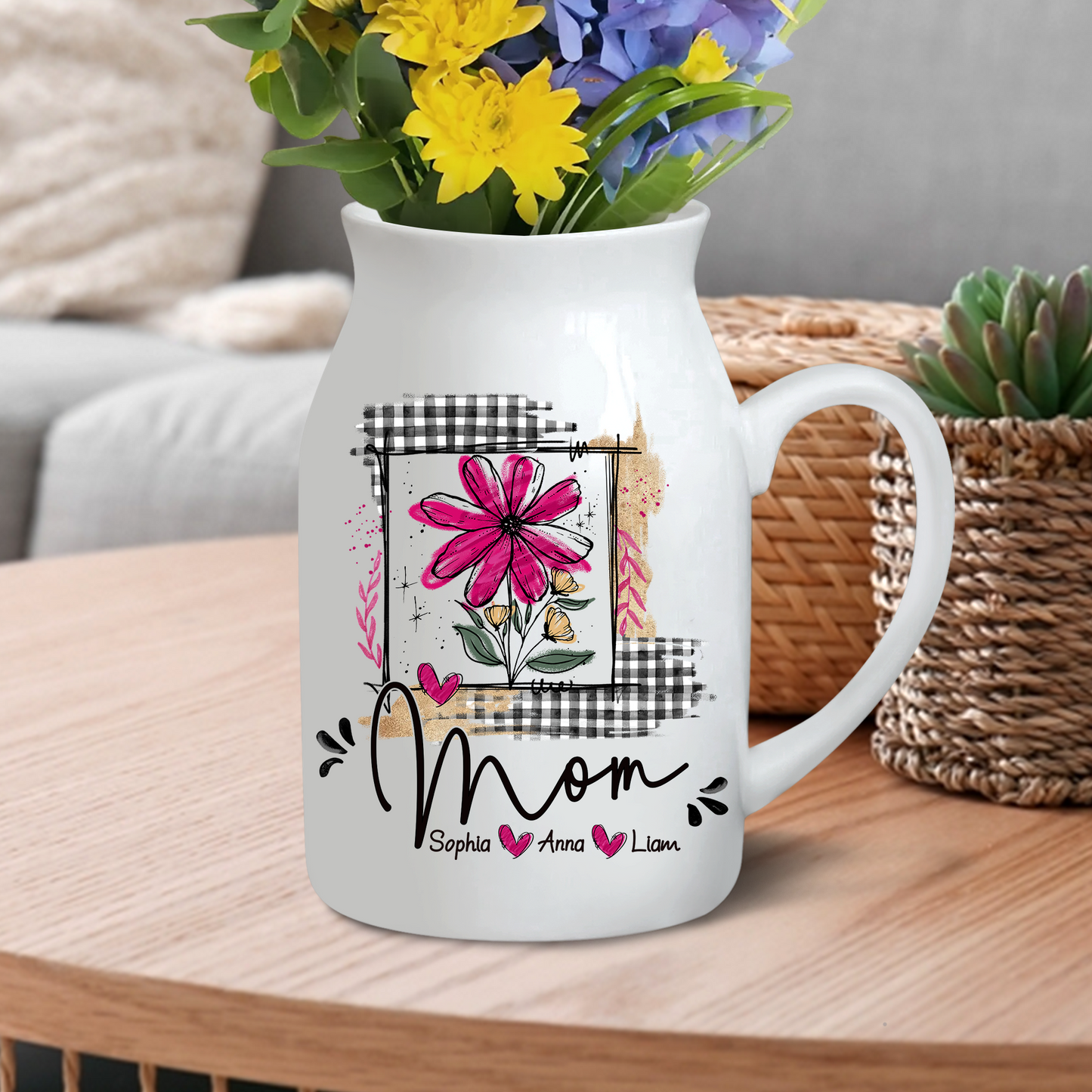 Artistic Checkered Wildflowers As A Gift For Grandma And Kids - Custom Home Decoration Flower Vase According To Family Requirements - Warm Gift For Mother's Day, Ceramic Flower Vase