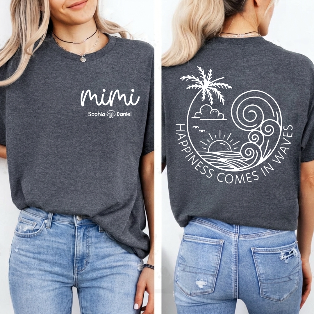 Custom Mimi Shirt with Kids Names, Happiness Comes in Waves Beach Tee, Personalized Grandma Summer Vacation Apparel