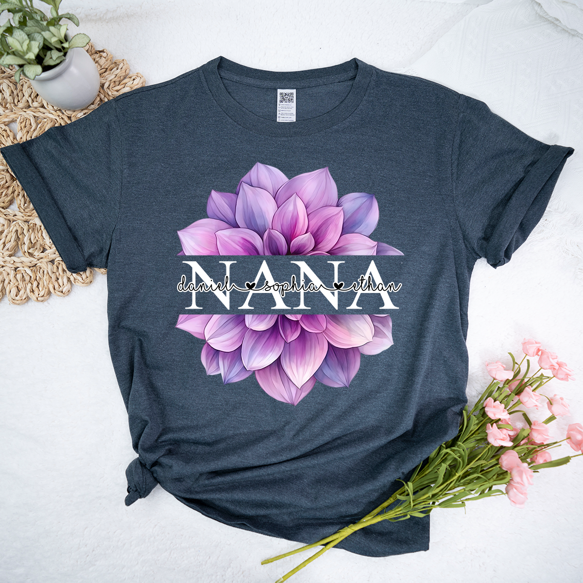 Custom Nana T Shirt with Beautiful Purple Flower, Personalized Grandma Gift with Grandkids Names
