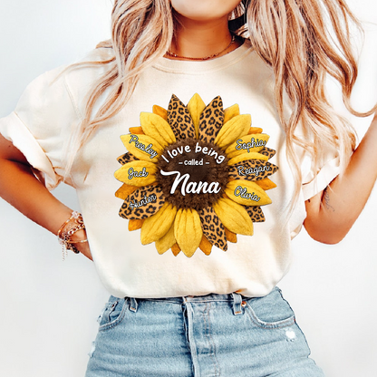 Custom Grandma Shirt, Personalized Sunflower Leopard Print Tee with Kids' Numbers, Gift for Grandma