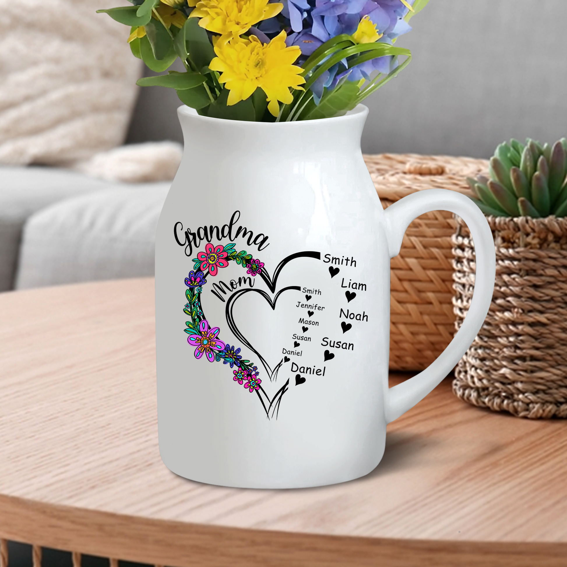 Grandma, Mom And Kids Heart Flower Garden - Custom Home Decoration Flower Vase According To Family Requirements - Warm Gift For Mother's Day, Ceramic Flower Vase