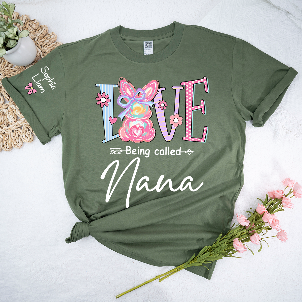 Love Being Called Nana Shirt Personalized, Custom Bunny Grandma Tee with Grandchild Name