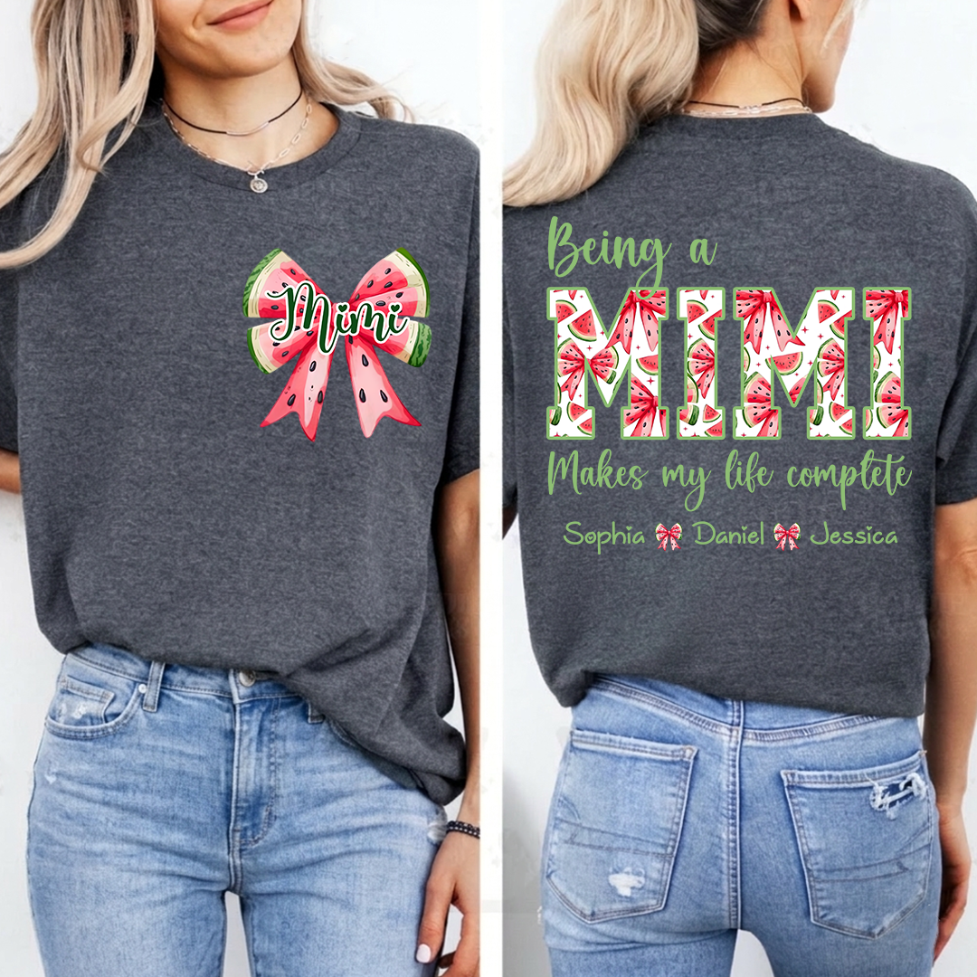 Mimi Custom Family Tee, Cute Watermelon Bow Shirt with Children’s Names, Gift for Mom Nana or Grandma