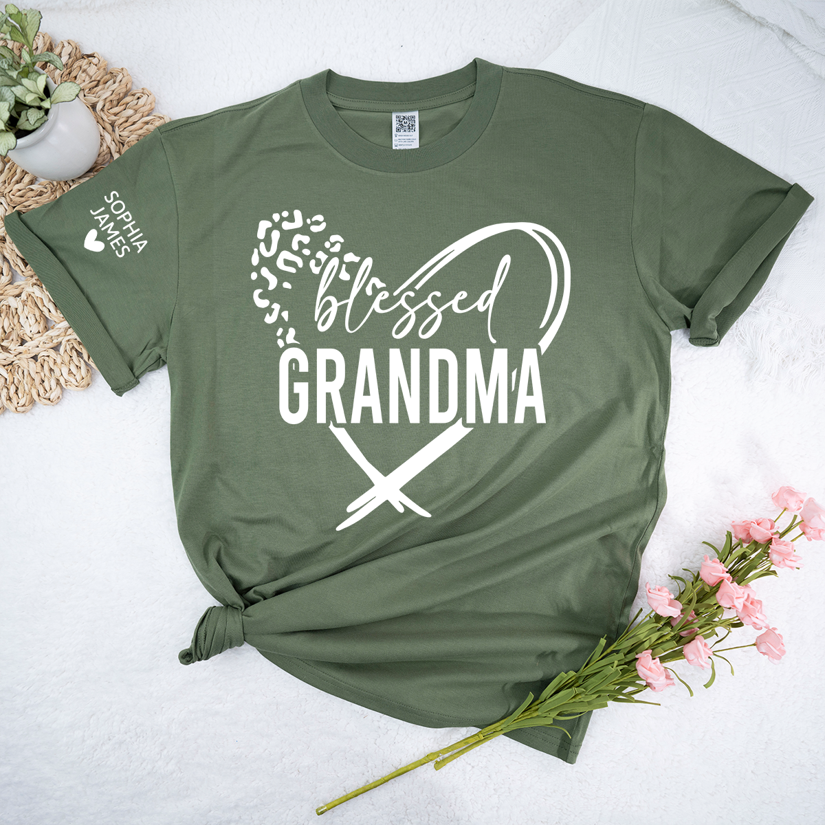Blessed Grandma Shirt, Leopard Print Heart Design T-Shirt, Custom Grandma Apparel for Her, Sentimental Family Gift