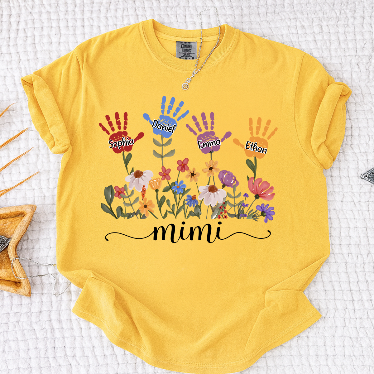 Comfort Colors Mimi Custom T Shirt with Kids Handprints, Personalized Family Names and Colorful Flower Design