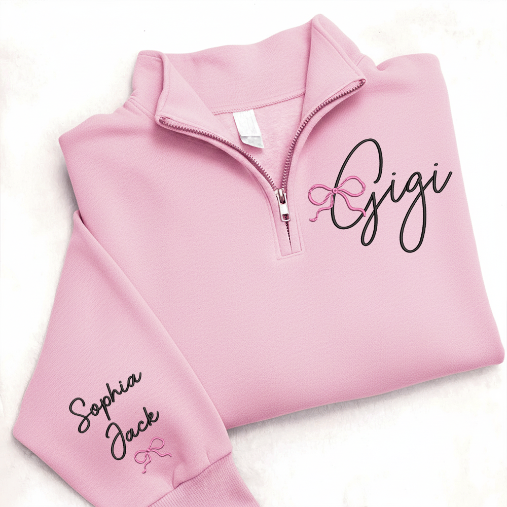 Custom Gigi Embroidered Quarter Zip – Personalized Sweatshirt For Grandma Or Gigi With Kids Names And Pink Bow Design