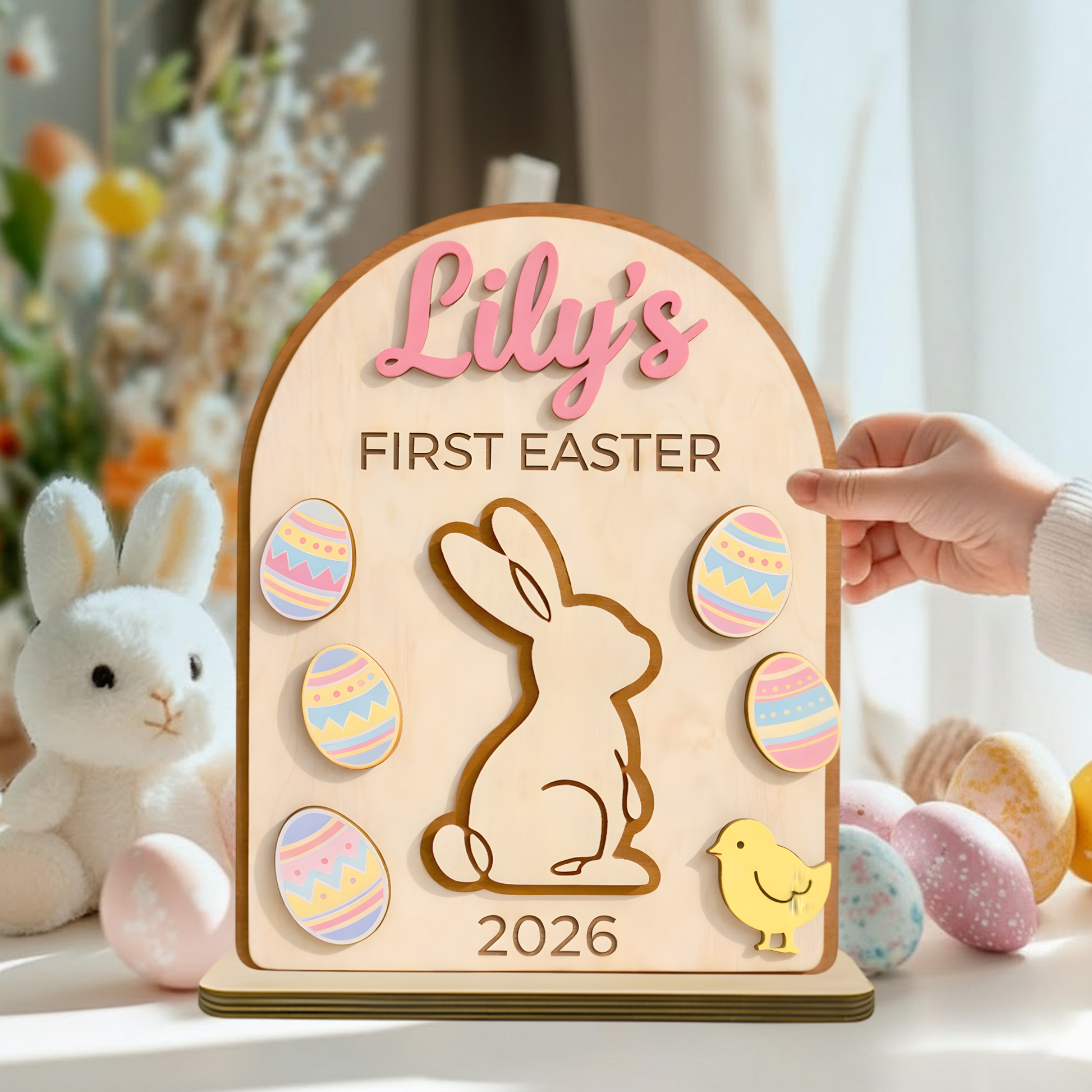 Personalized First Easter Wooden Plaque - Custom Name and Date for Baby Boy or Girl, Cute Bunny and Egg Design