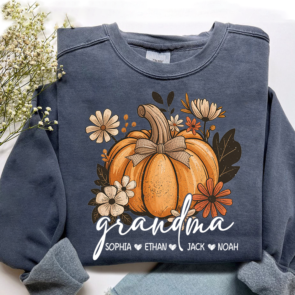 Personalized Grandma Pumpkin Sweatshirt, Custom Fall Shirt with Grandkids Names