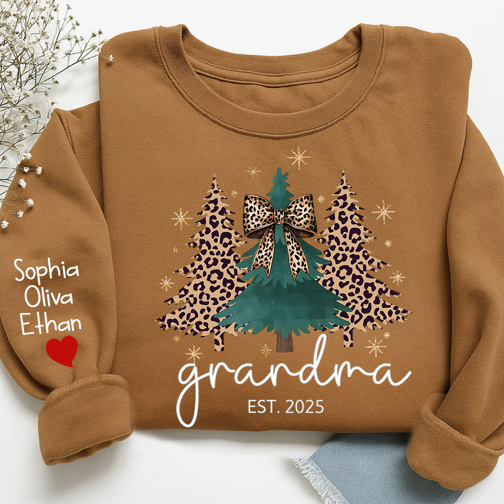 Christmas Sweater Printed with Personalized Name, Leopard Christmas Tree Personalized Gift for Grandma