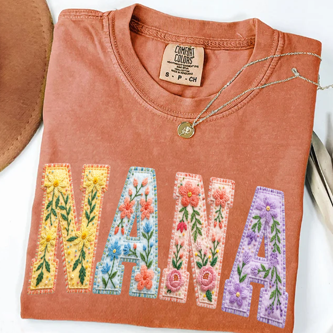 Personalized Nana Shirt Floral Embroidery Design Custom Grandma Mimi Gigi Name Tee with Grandkids Names Vibrant Flower Pattern Family Gift for Women
