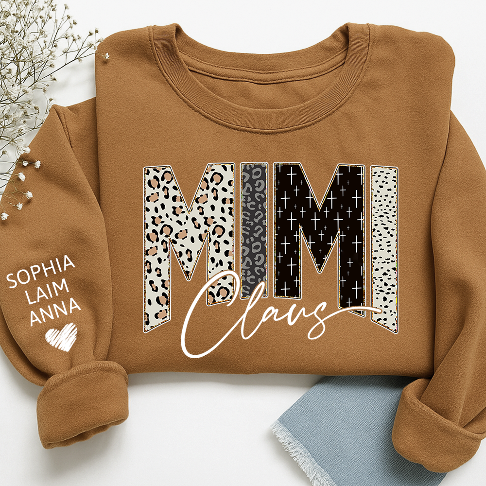 Personalized Mimi Claus Leopard Sweatshirt – Custom Bible Style Design, Unique Gift for Grandma and Her Grandkids