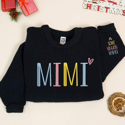Mimi Embroidered Color  Sweater, Christmas Gift Knit Sweater – Personalized Mama Claus Sweater with Festive Design