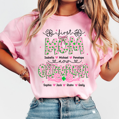 Patrick's Day First Mom Now Grandma Shirt, Personalized Family T-Shirt with Kids and Grandkids Names