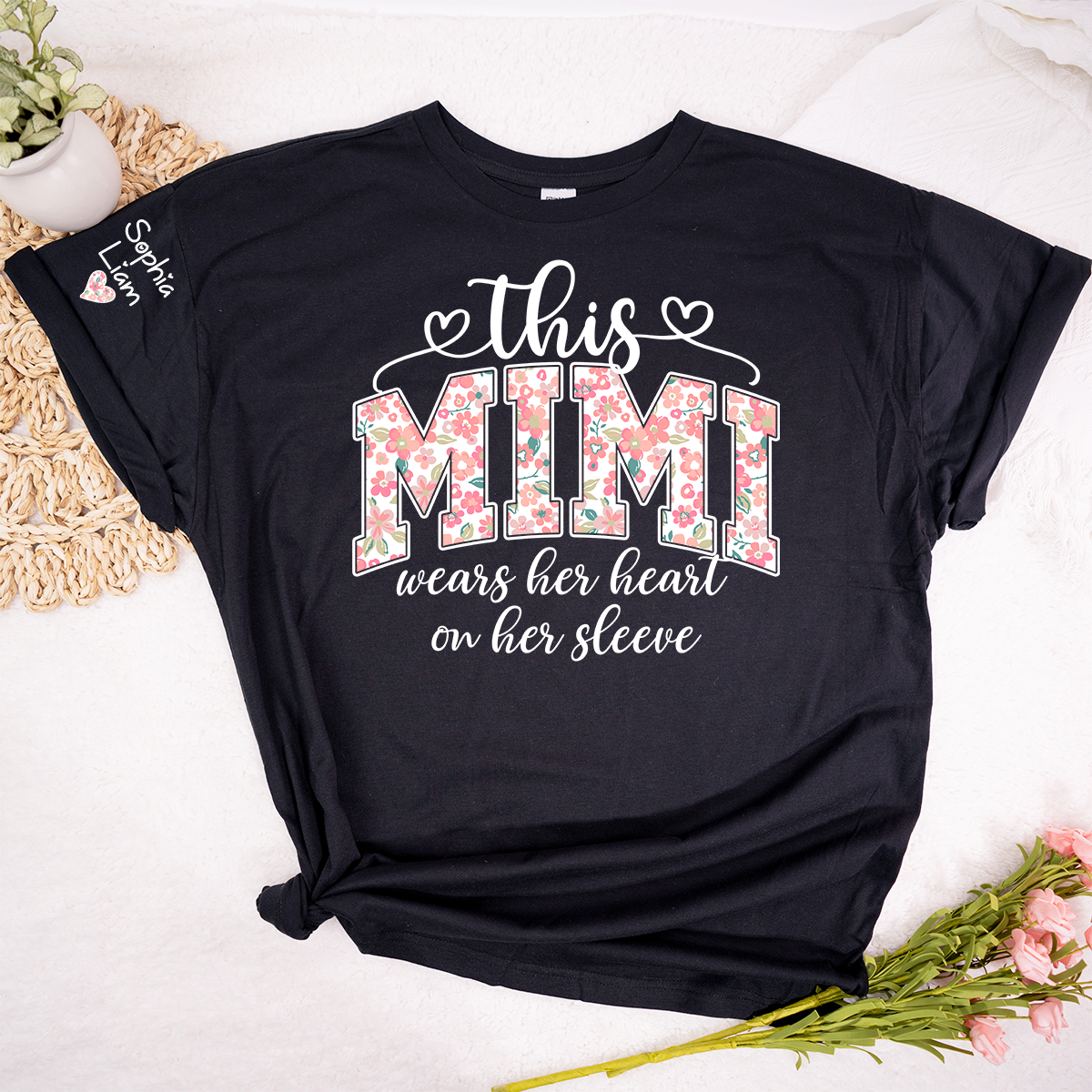 This Mimi Wears Her Heart On Her Sleeve Shirt, Personalized Mimi Shirt with Kids Names on Sleeve, Custom Grandma Gift