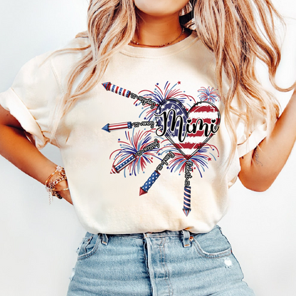 Patriotic Mimi Shirt with Firework Heart and American Flag Design for 4th of July