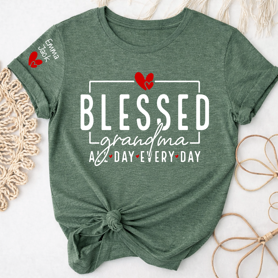 Blessed Grandma All Day Every Day Shirt, Personalized Family T Shirt with Grandkids Names and Heart Design