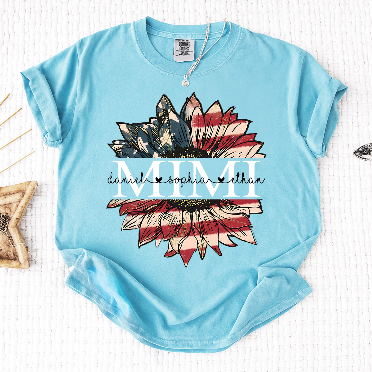 Comfort Colors Personalized Mimi Shirt Sunflower American Flag Design, Custom Kids Names Grandma T Shirt