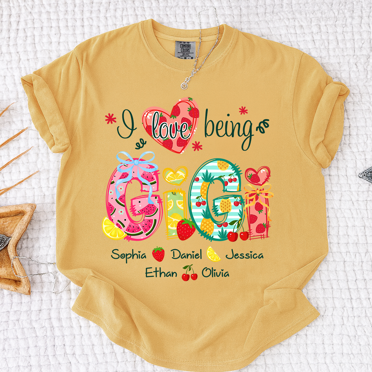 Comfort Colors I Love Being Gigi Shirt with Names, Personalized Fruit Pattern T-Shirt for Grandma, Summer Family Apparel