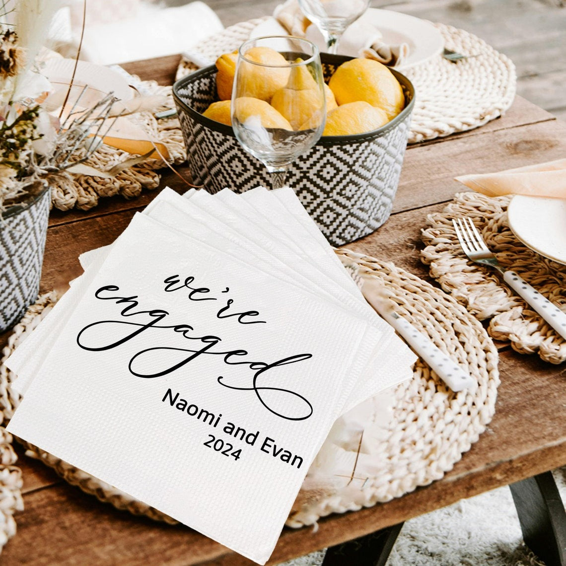 We're Engaged Napkins Engagement Party Decorations Custom Wedding Napkins Cocktail With Name Napkins Rehearsal Dinner Custom Wedding Napkins