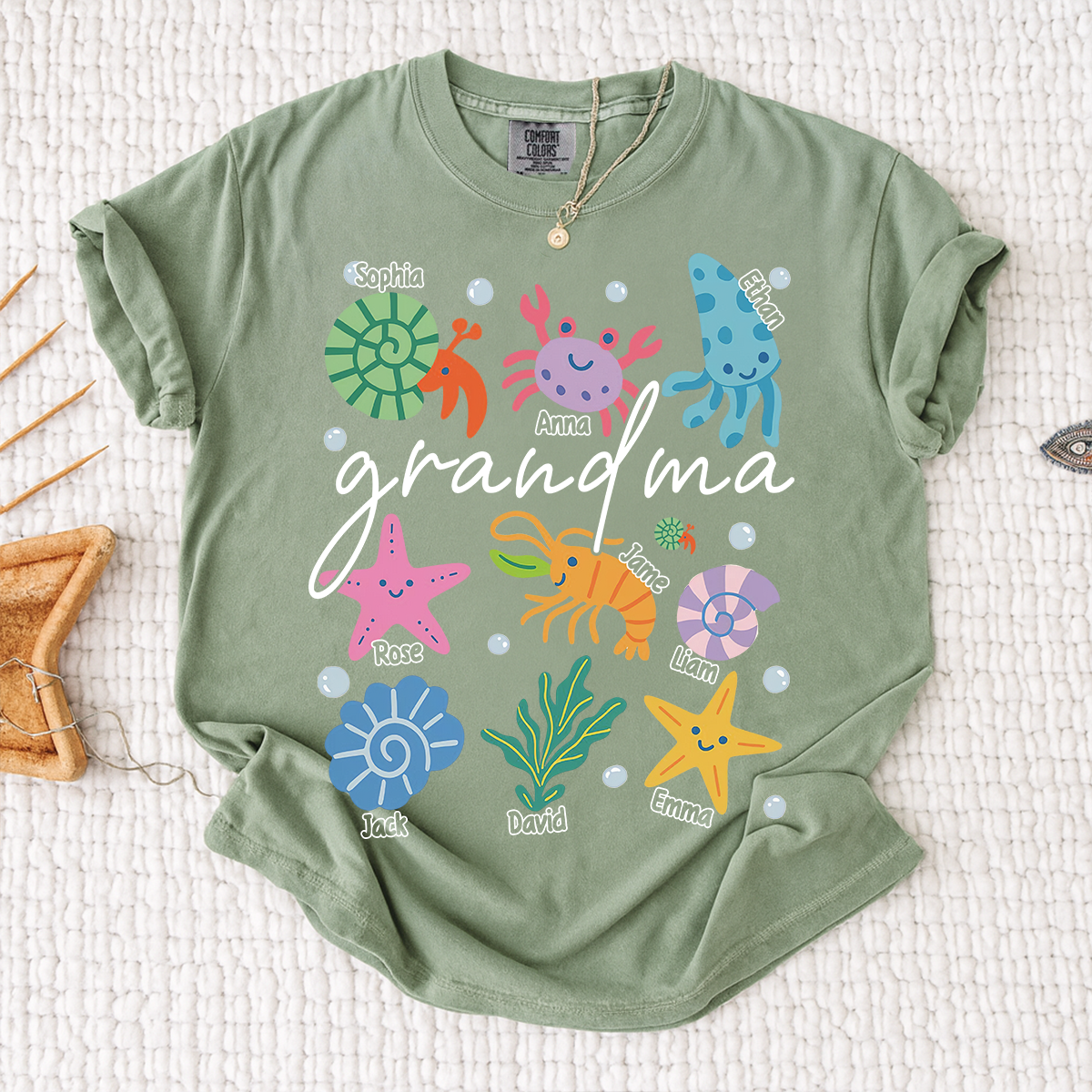 Comfort Colors® Personalized Grandma Sea Animals Shirt, Custom Grandkids Names Tee, Coastal Grandma Ocean Life T Shirt, Beach Gift for Grandma