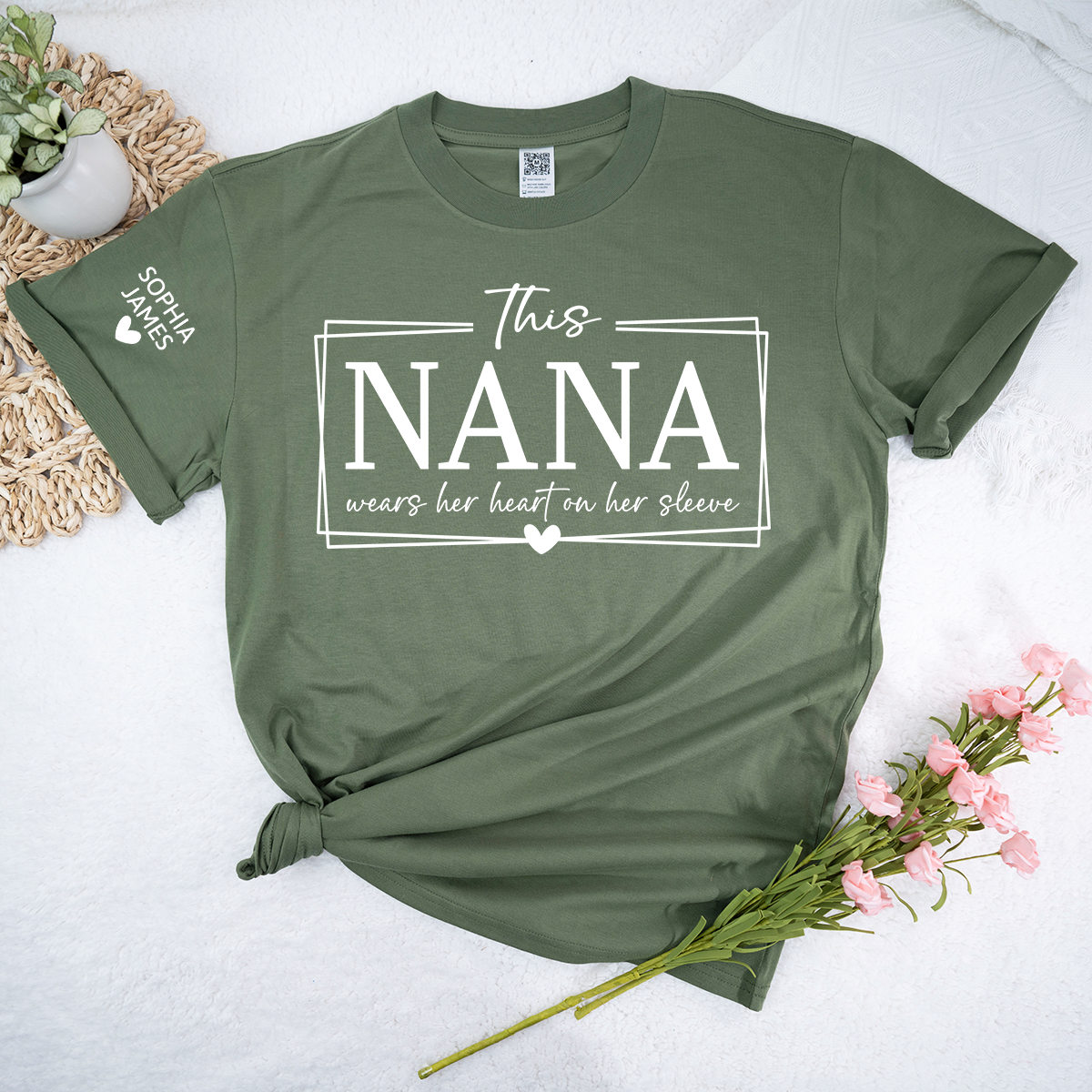 This Nana Wears Her Heart on Her Sleeve Shirt, Personalized Grandma TShirt, Cute Family Apparel for Women, Meaningful Nana Clothing