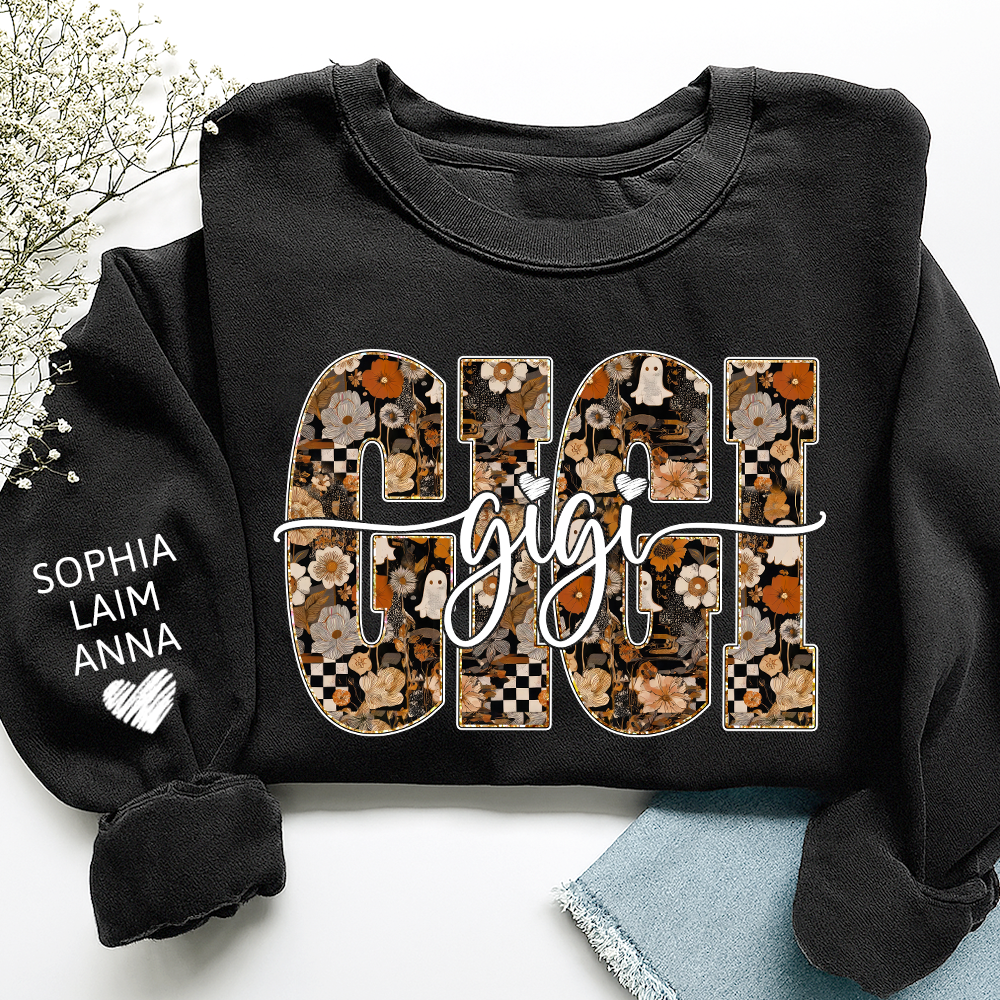 Personalized Gigi Spooky Halloween Sweatshirt with kids’ names on sleeves, Give Family
