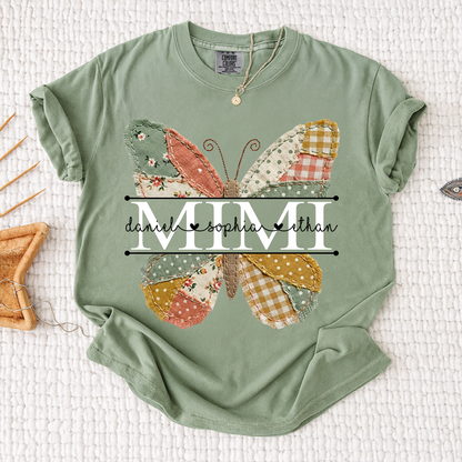 Comfort Mimi Butterfly Shirt, Custom Grandkids Names with Colorful Patchwork Butterfly Design