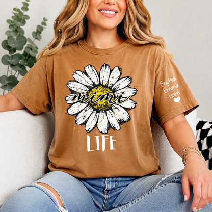 Personalized Mimi Life Daisy Shirt, Custom Grandma T-Shirt with Kids Names on Sleeve, Floral Family Name Tee Gift for Grandma, Nana Shirt