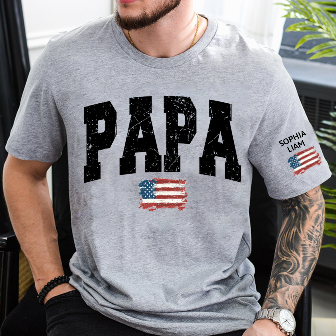 Personalized American Flag Printed Papa T-Shirt, With Custom Grandpa And Kids
