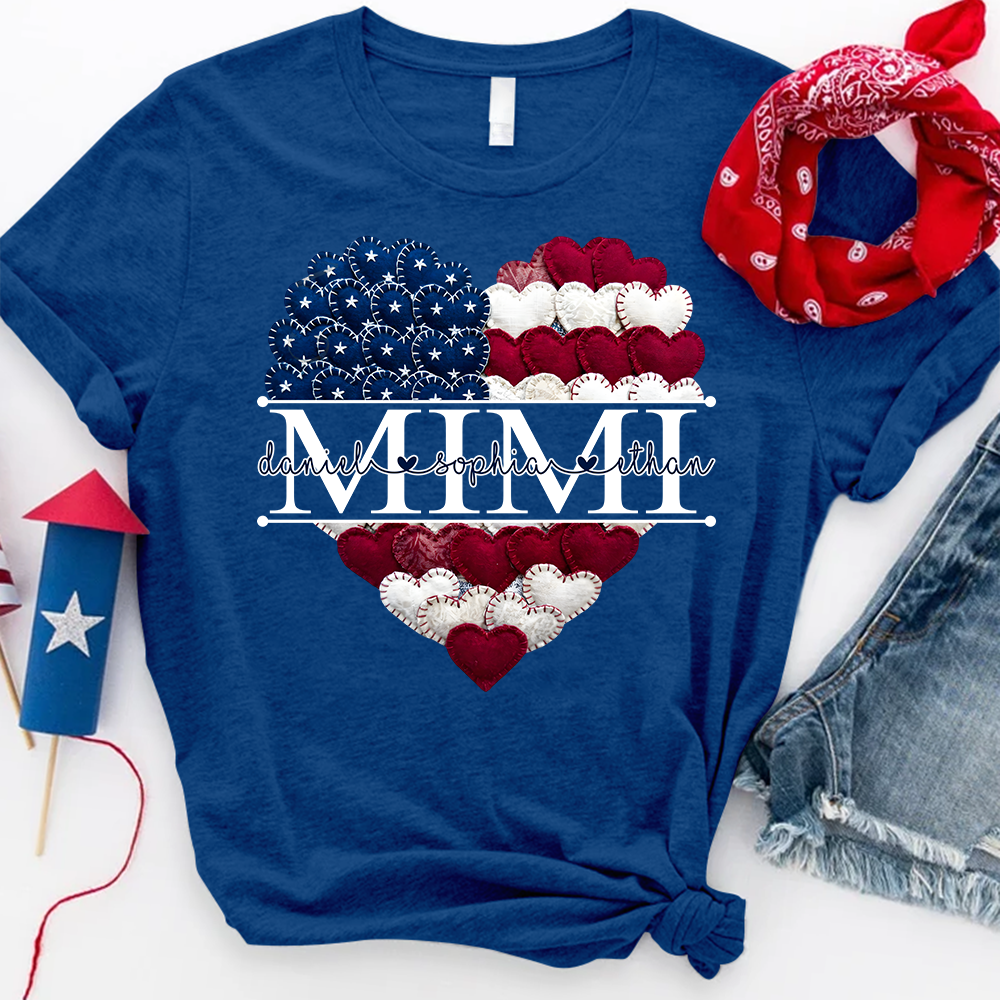 Personalized Mimi T Shirt, American Flag Heart Design, Custom Family Names Shirt