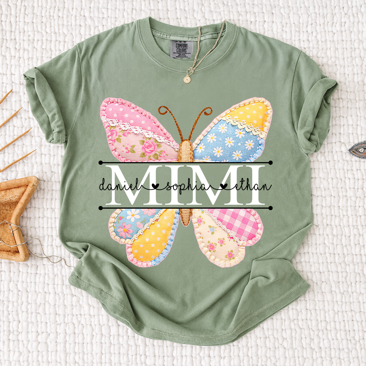 Comfort Colors Vibrant Mimi Shirt with Pink and Yellow Butterfly Patchwork, Custom Grandkids Names