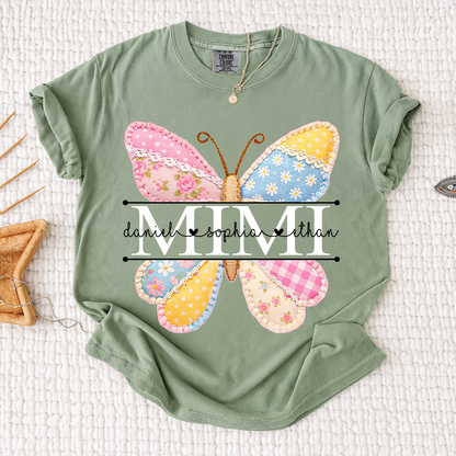 Comfort Colors Vibrant Mimi Shirt with Pink and Yellow Butterfly Patchwork, Custom Grandkids Names