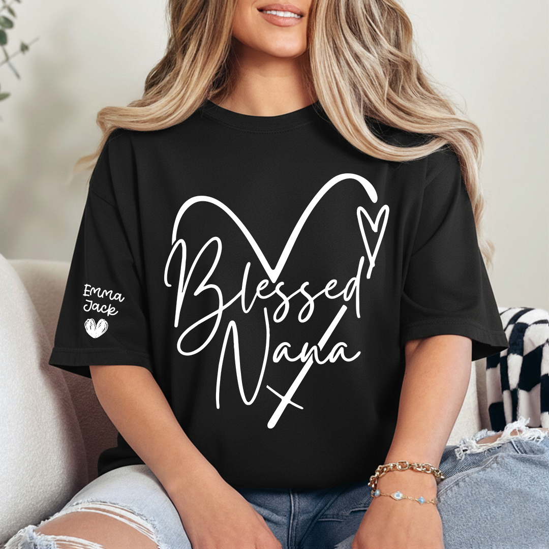 Blessed Nana T-Shirt, Personalized Nana T-Shirt with Custom Names and Heart Design